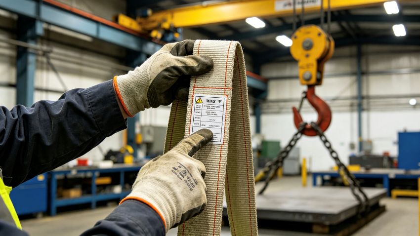 The operator is checking the safety factor and WLL information on the lifting strap's label..jpg